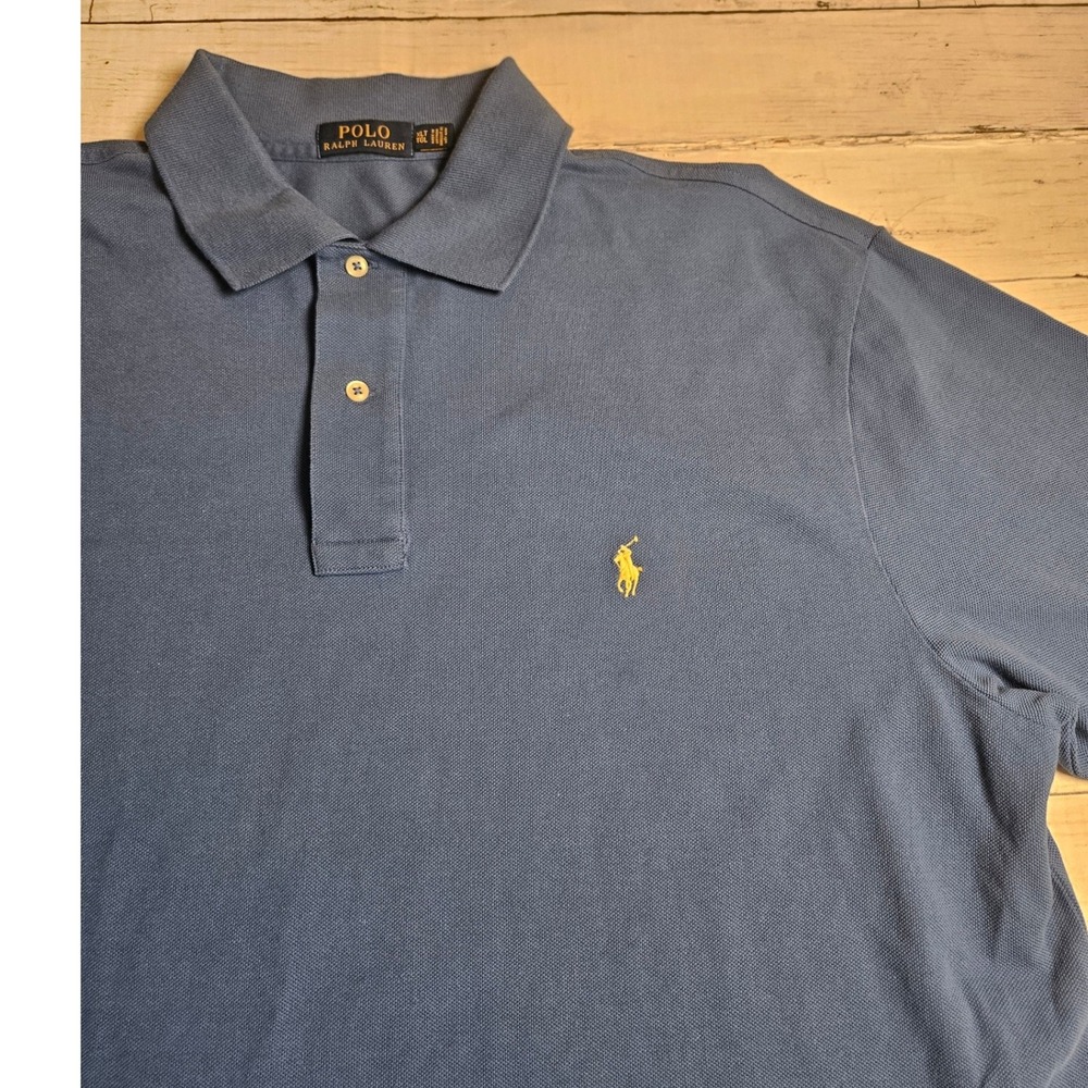 Polo Ralph Lauren Mens XLT Blue Pique Polo Shirt Yellow Pony Logo Cotton Tall